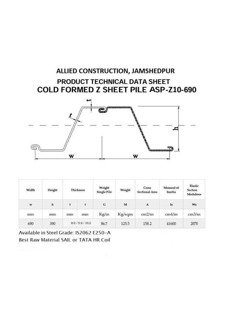 Product technical data sheet for cold formed Z sheet pile ASP-Z10-690